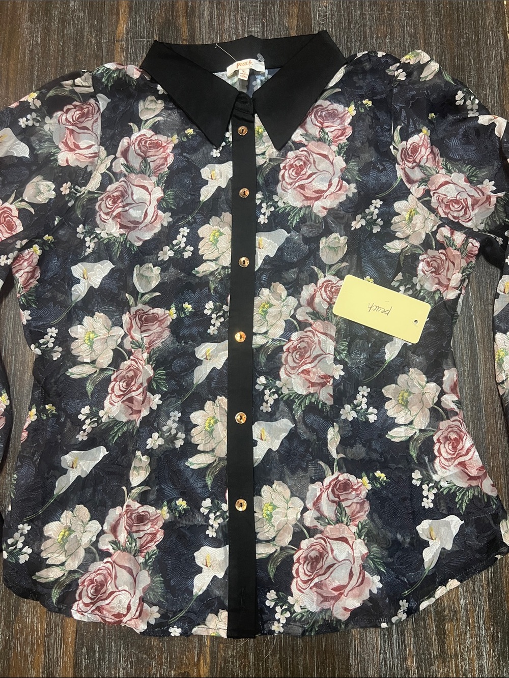 NWT Sheer Black Floral Button-Up Blouse with Collar